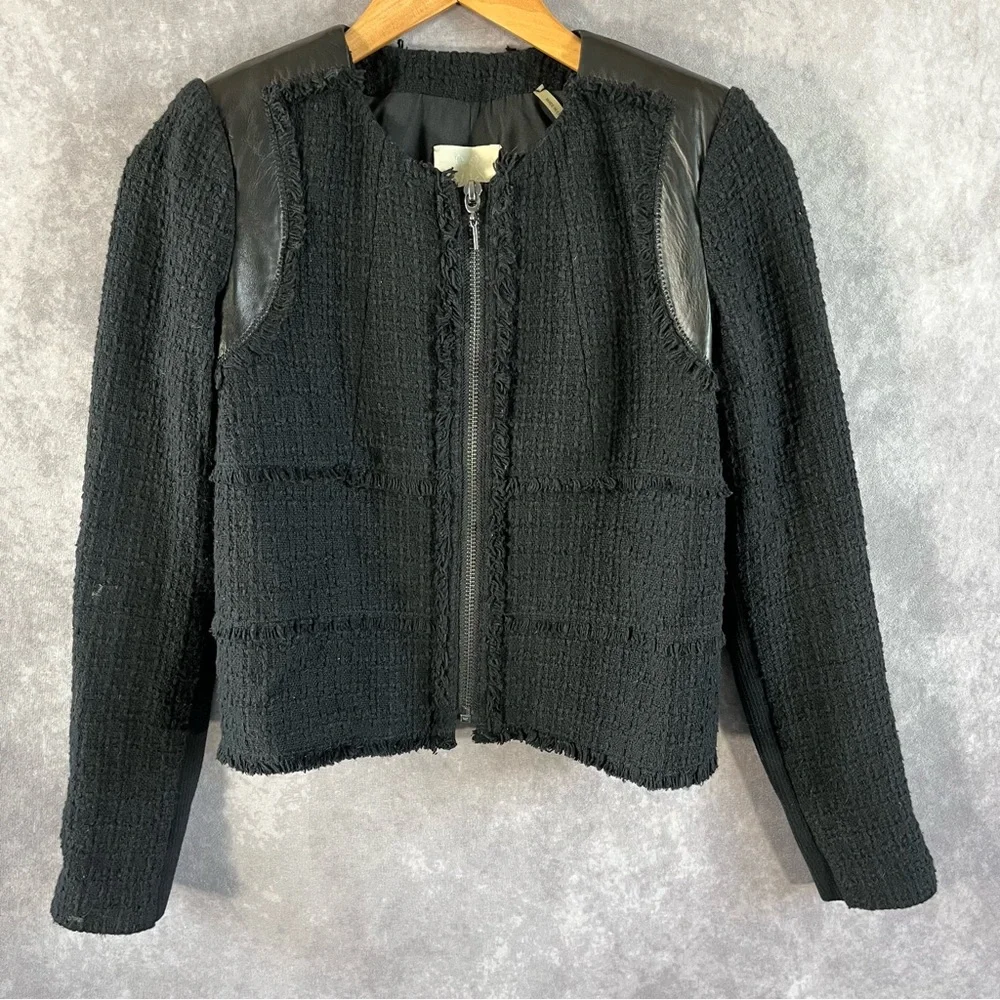 Rebecca Taylor Boucle Jacket Womens 2 Black Leather Trim Fringe Zip Tweed Blazer